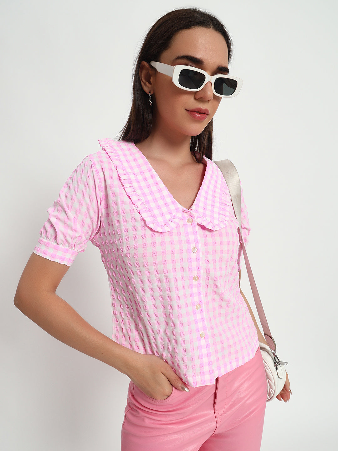 Pink Ghingam Collar Top