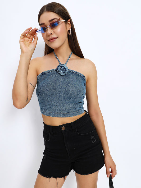 Denim Rose Bow Halter Top