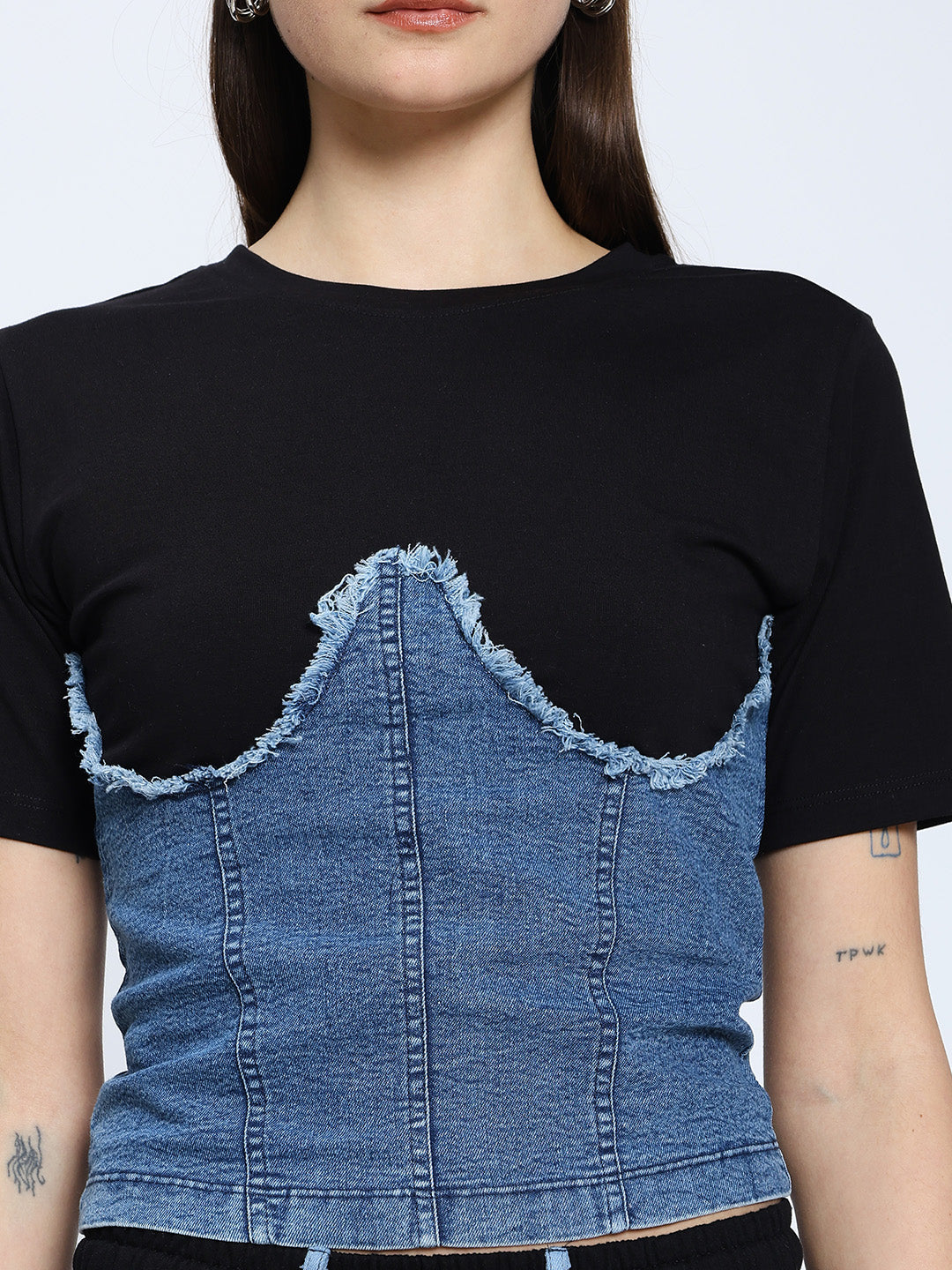 Denim Corset Attached Top - Black