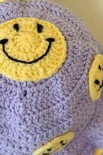 Smiling Purple Crochet Bucket Beanie