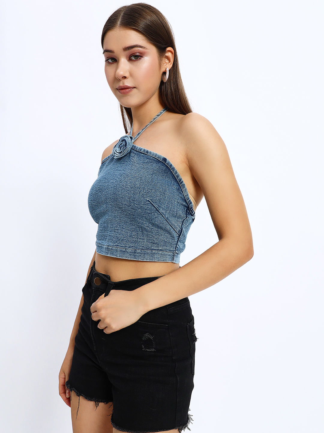 Denim Rose Bow Halter Top