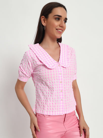 Pink Ghingam Collar Top