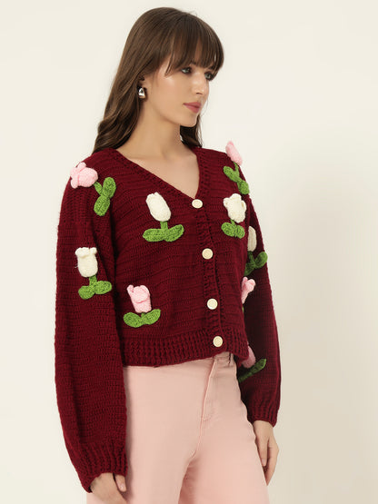 Dutch Flower Cardigan - Maroon