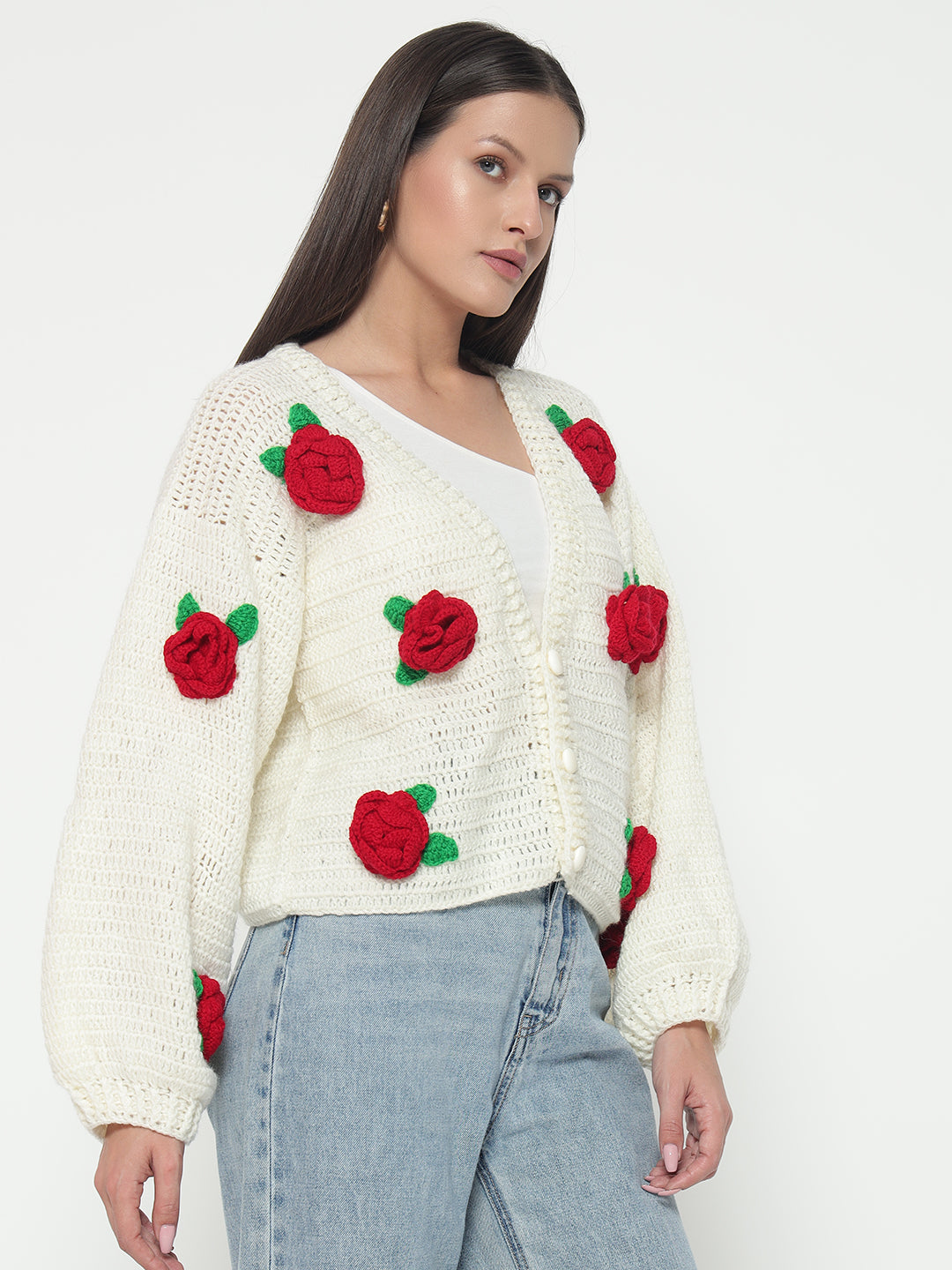 Red Rose Cream Cardigan