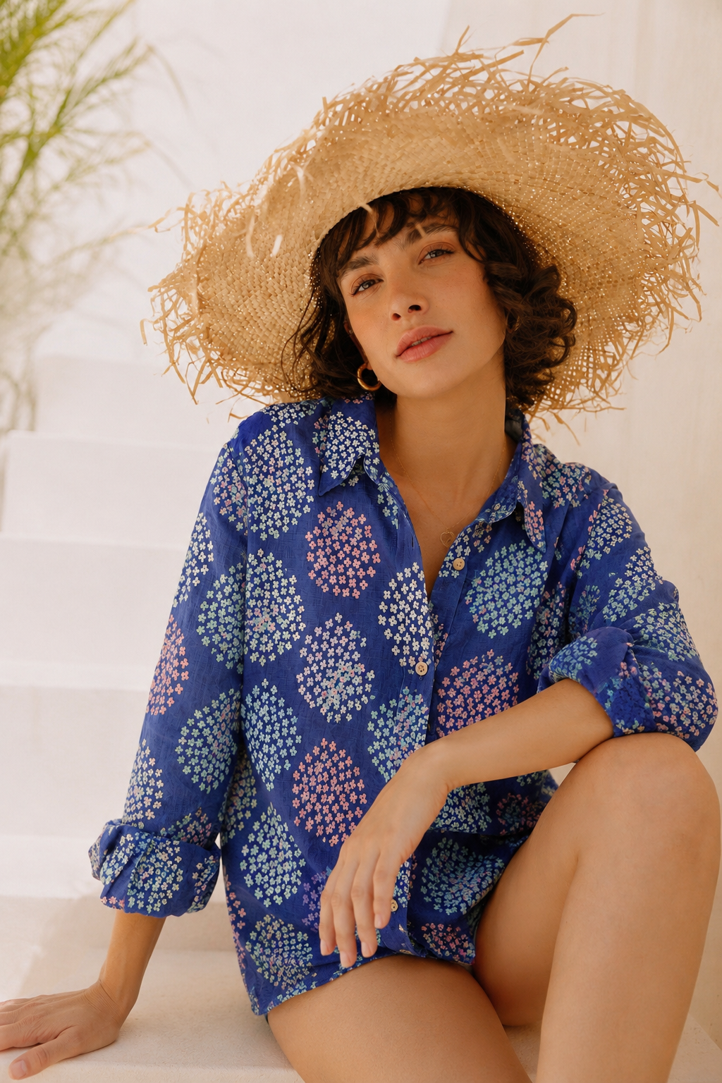 Azure Bloom Oversized Cotton Shirt