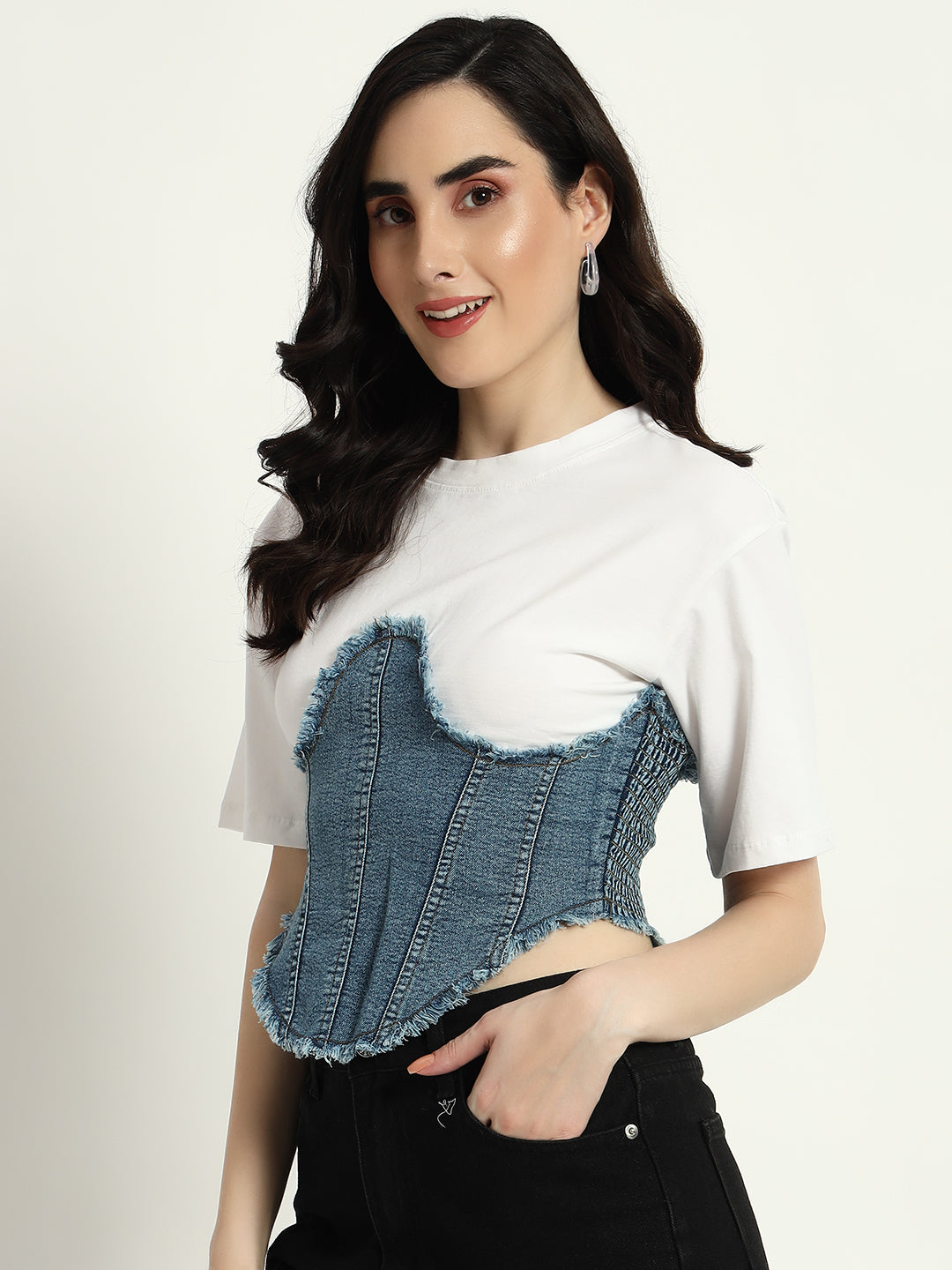 Denim Corset Attached Top - White