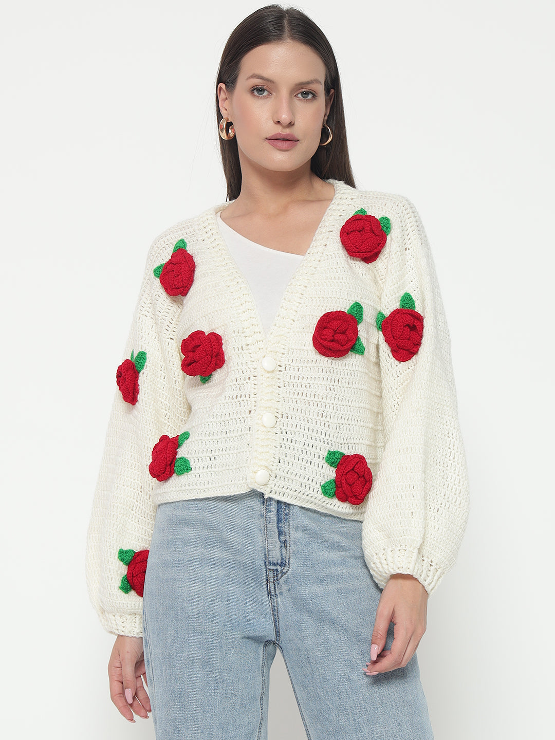 Red Rose Cream Cardigan