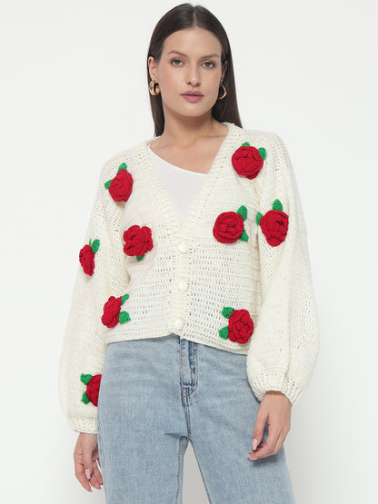 Red Rose Cream Cardigan