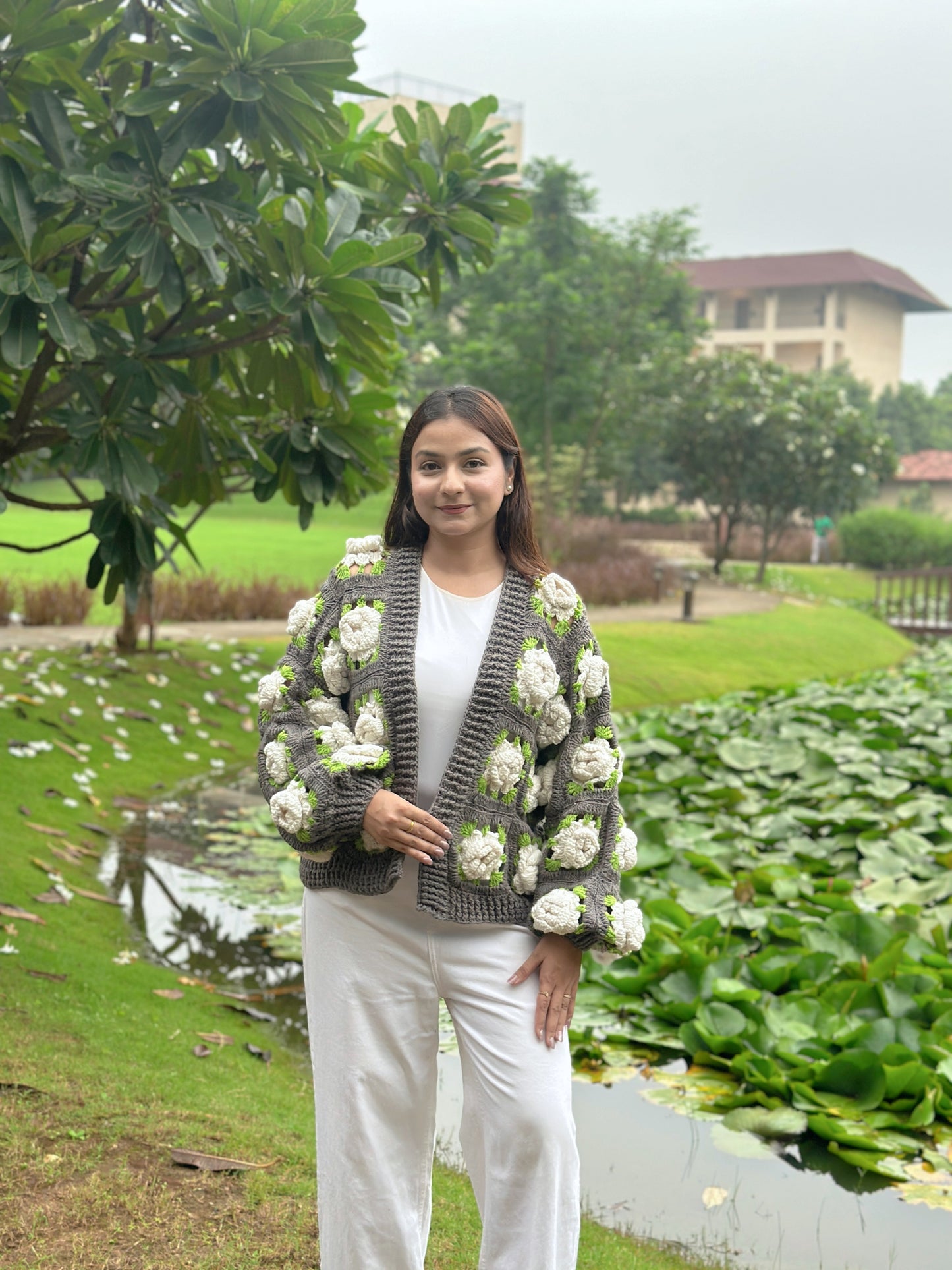 Gray Multirose Handmade Cardigan
