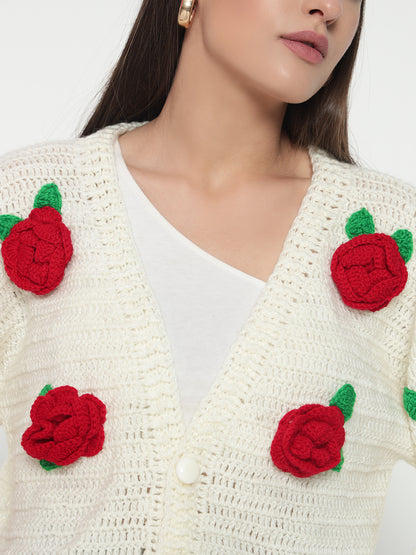 Red Rose Cream Cardigan