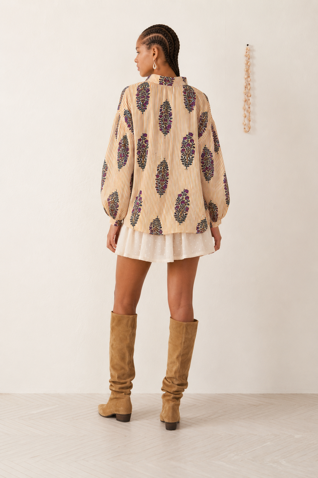 Women's Beige Block Print Oversized Cotton Casual Shirt