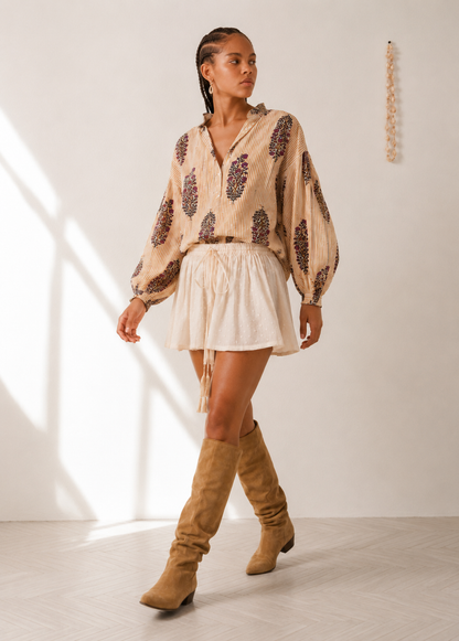 Women's Beige Block Print Oversized Cotton Casual Shirt