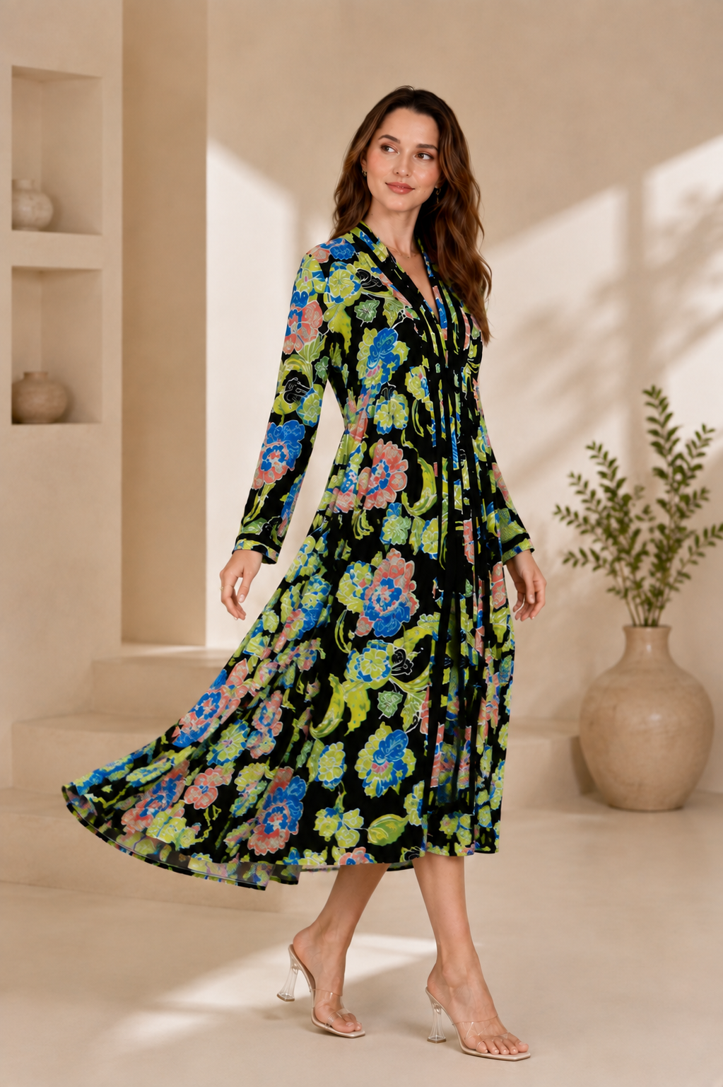 Black Floral Printed A-Line Midi Dress