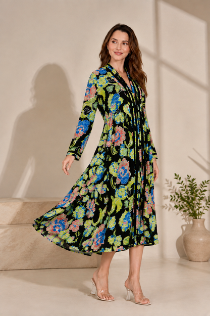 Black Floral Printed A-Line Midi Dress