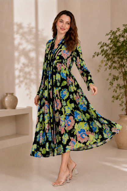 Black Floral Printed A-Line Midi Dress