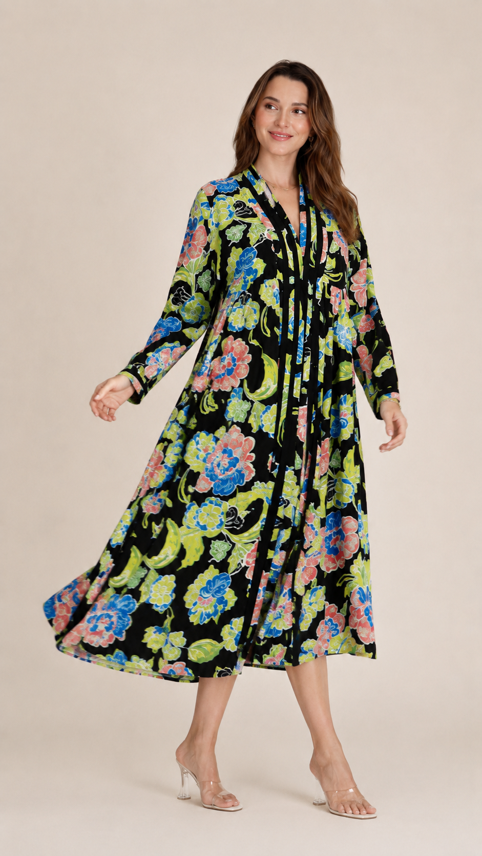 Black Floral Printed A-Line Midi Dress