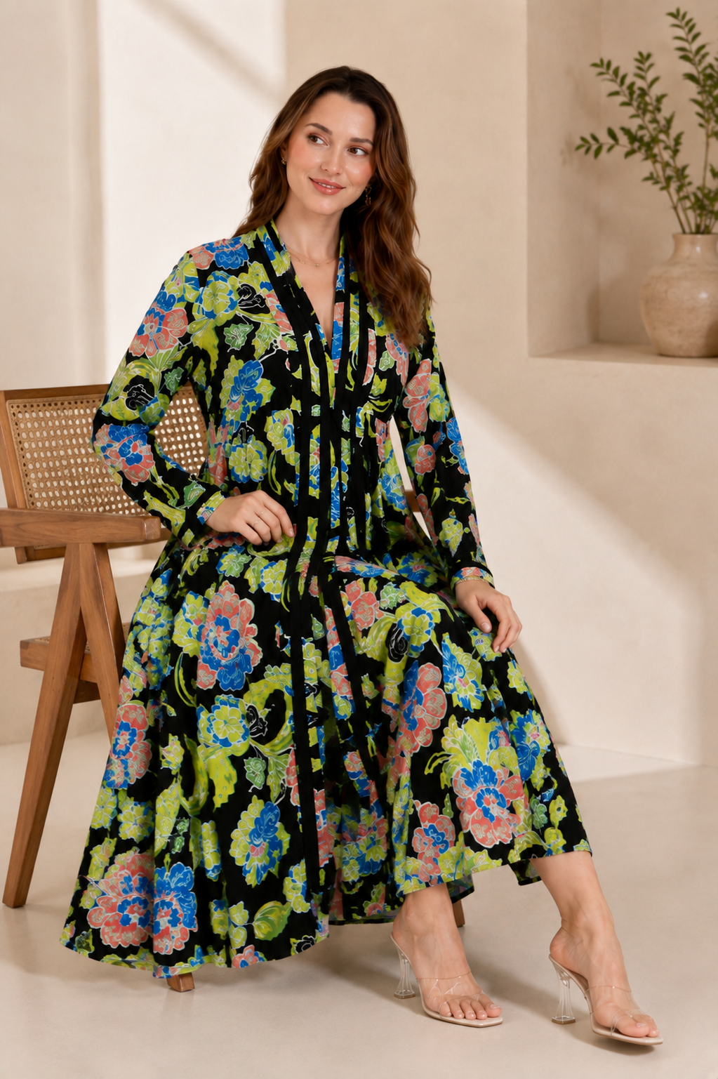 Black Floral Printed A-Line Midi Dress