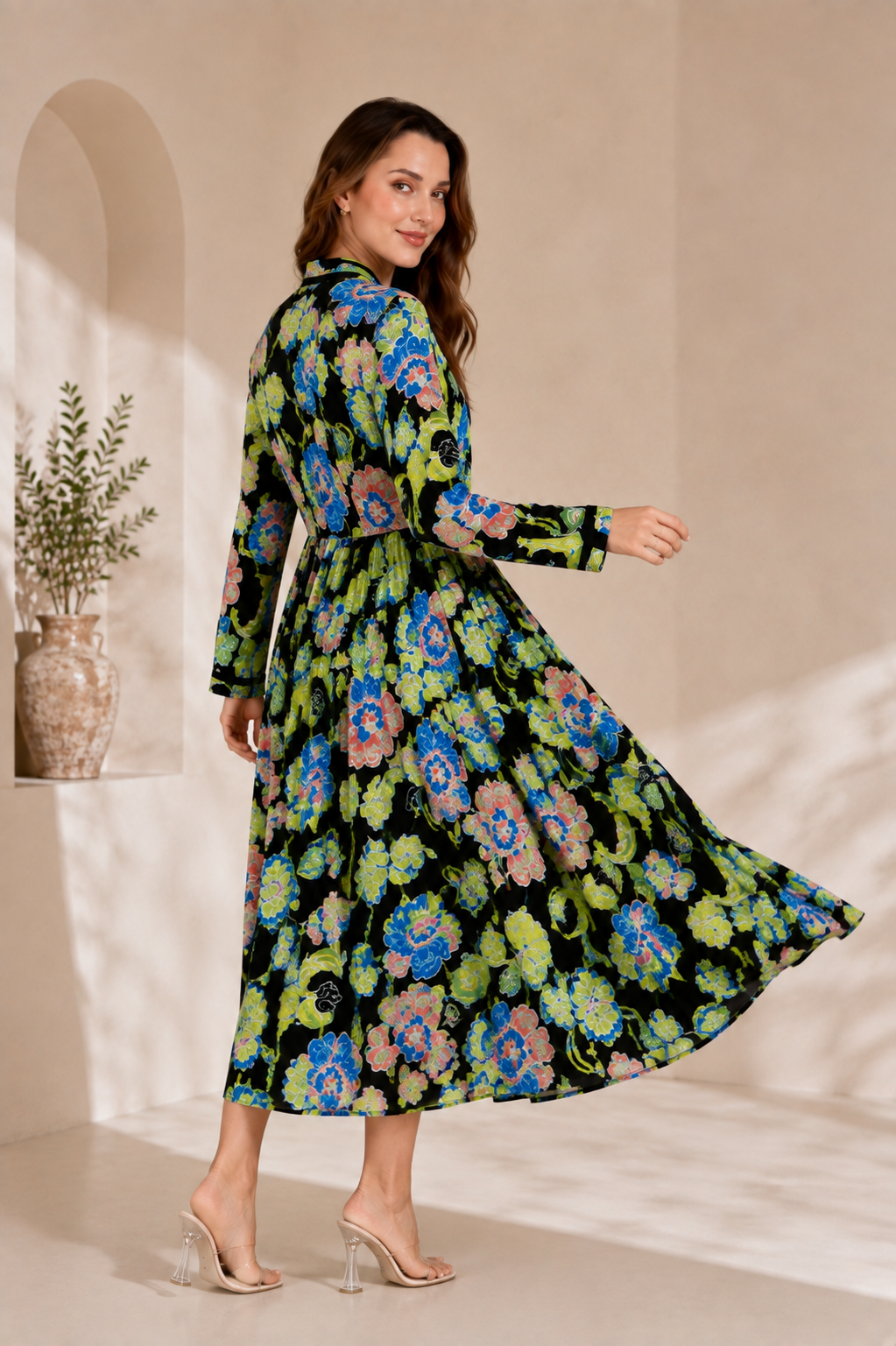 Black Floral Printed A-Line Midi Dress
