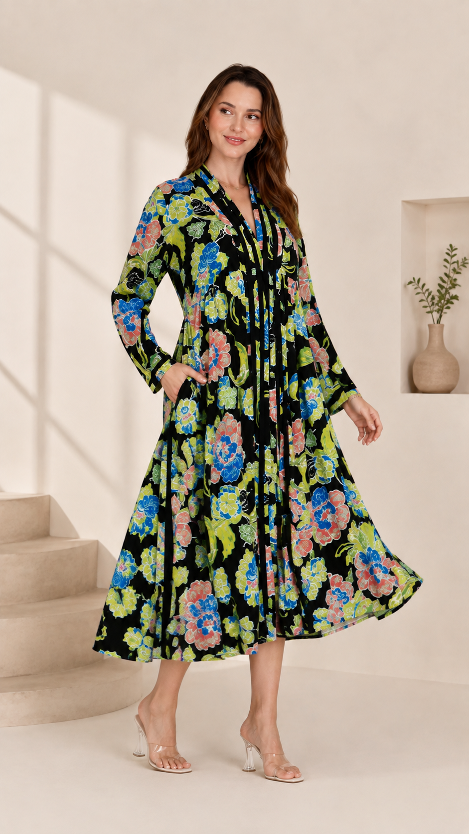 Black Floral Printed A-Line Midi Dress