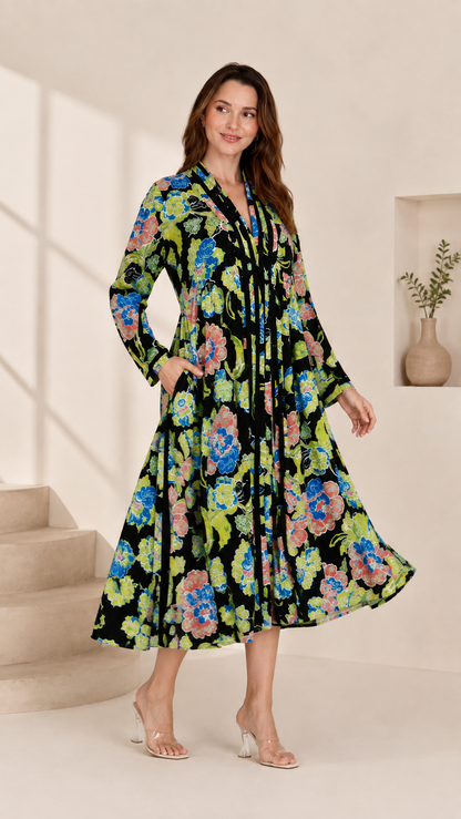Black Floral Printed A-Line Midi Dress