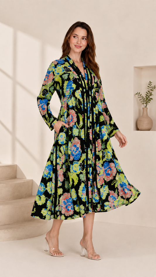 Black Floral Printed A-Line Midi Dress
