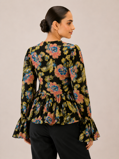 Women's Black Floral Printed Peplum Top