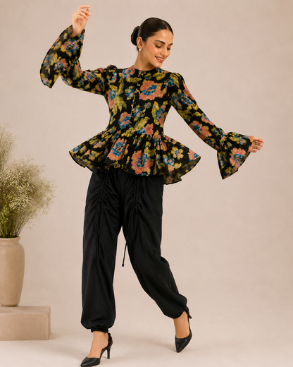 Women's Black Floral Printed Peplum Top