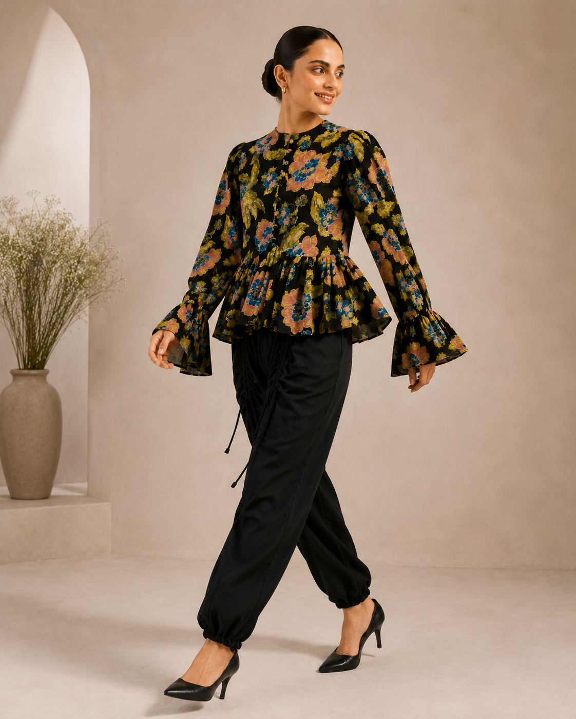 Women's Black Floral Printed Peplum Top