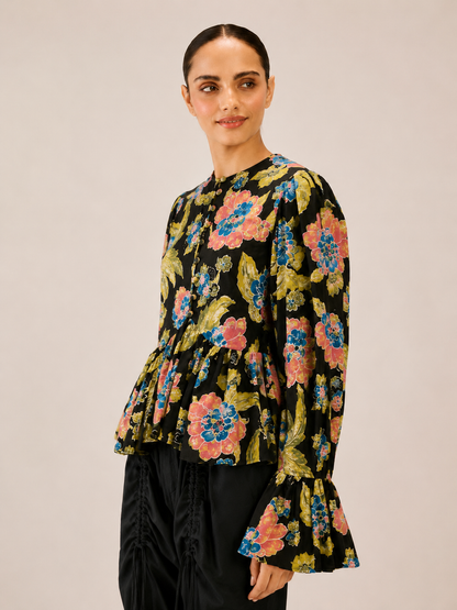 Women's Black Floral Printed Peplum Top