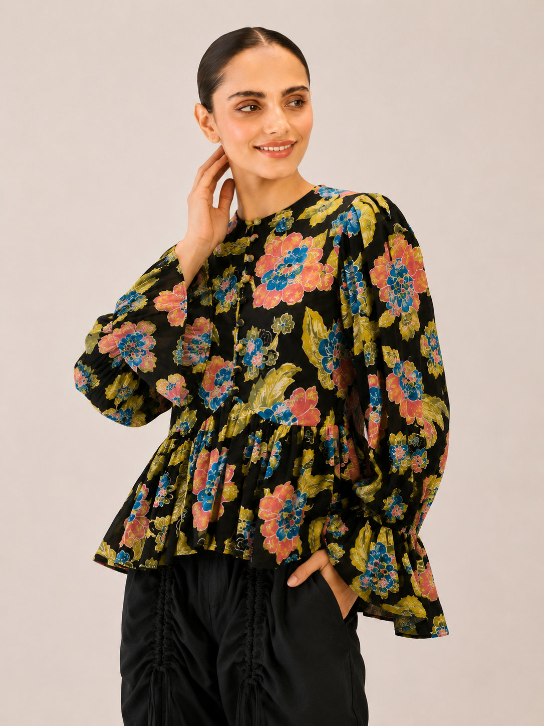 Women's Black Floral Printed Peplum Top