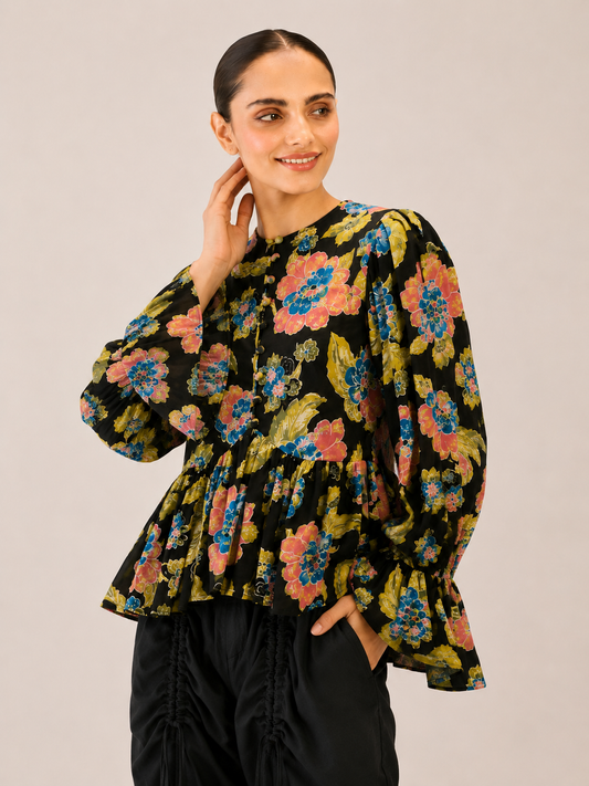Women's Black Floral Printed Peplum Top