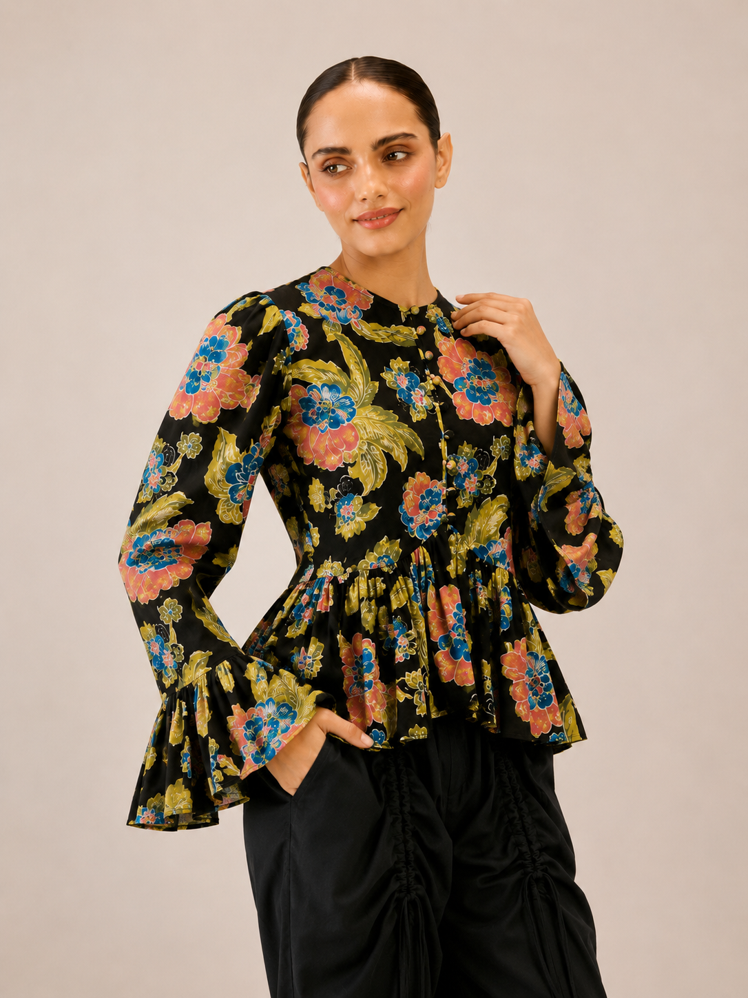 Women's Black Floral Printed Peplum Top