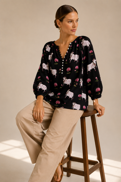 Women's Black Printed Cotton Top