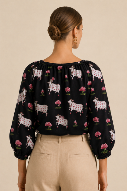 Women's Black Printed Cotton Top