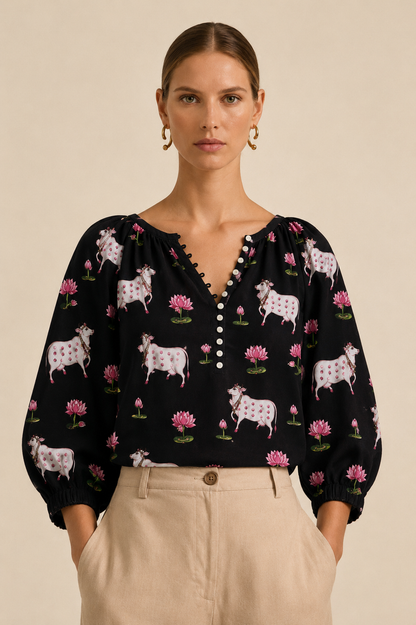 Women's Black Printed Cotton Top
