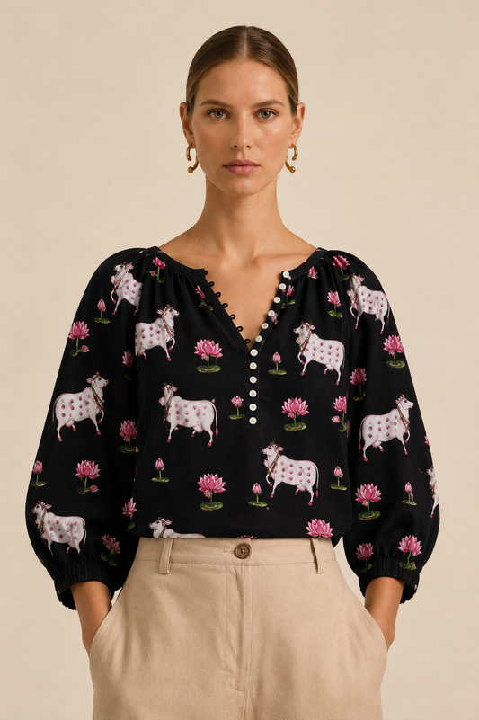 Women's Black Printed Cotton Top