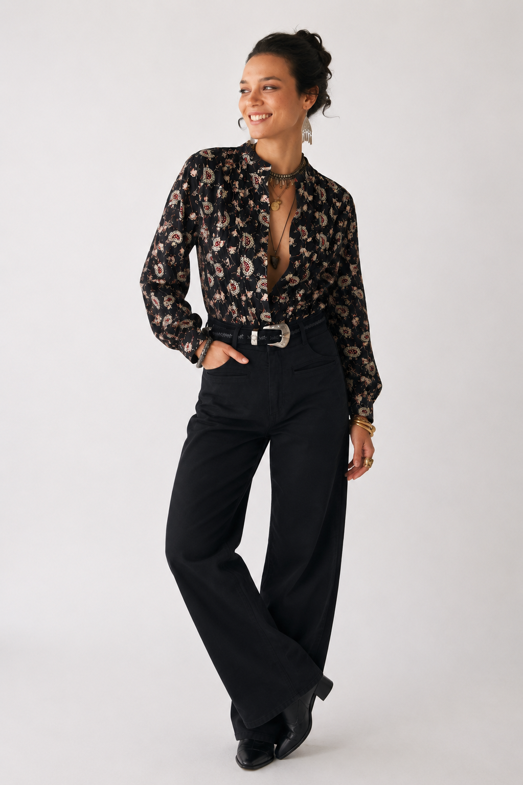 Women's Black Paisley Print Full Sleeve Boho Casual Blouse | Mandarin Collar V-Neck Western Top