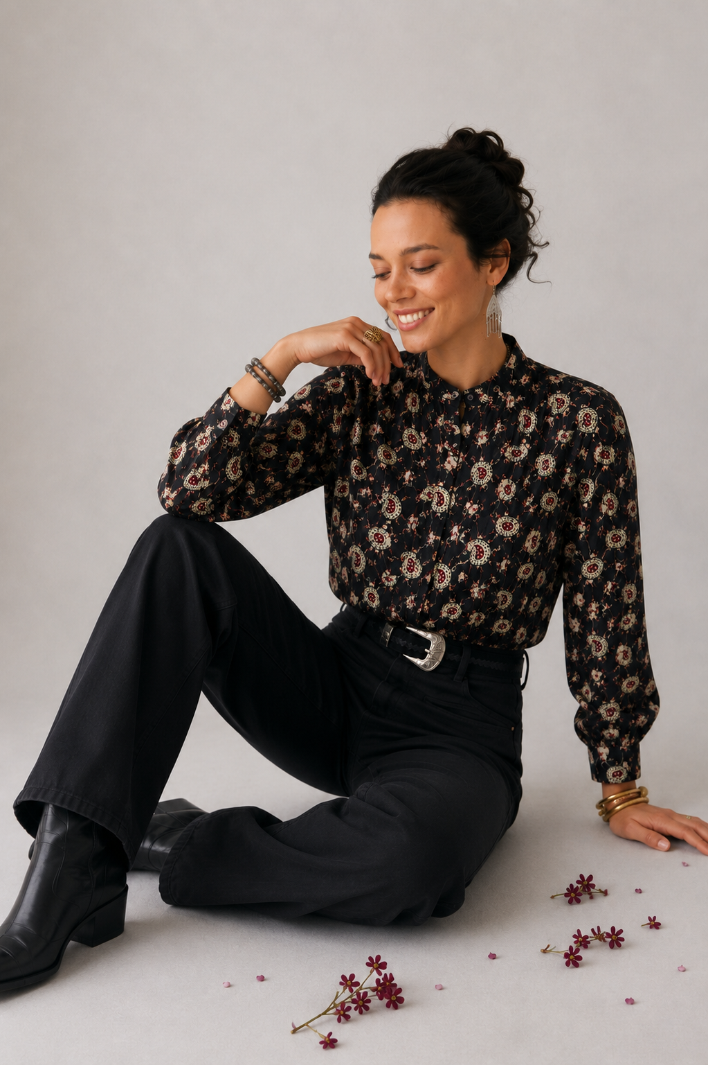 Women's Black Paisley Print Full Sleeve Boho Casual Blouse | Mandarin Collar V-Neck Western Top