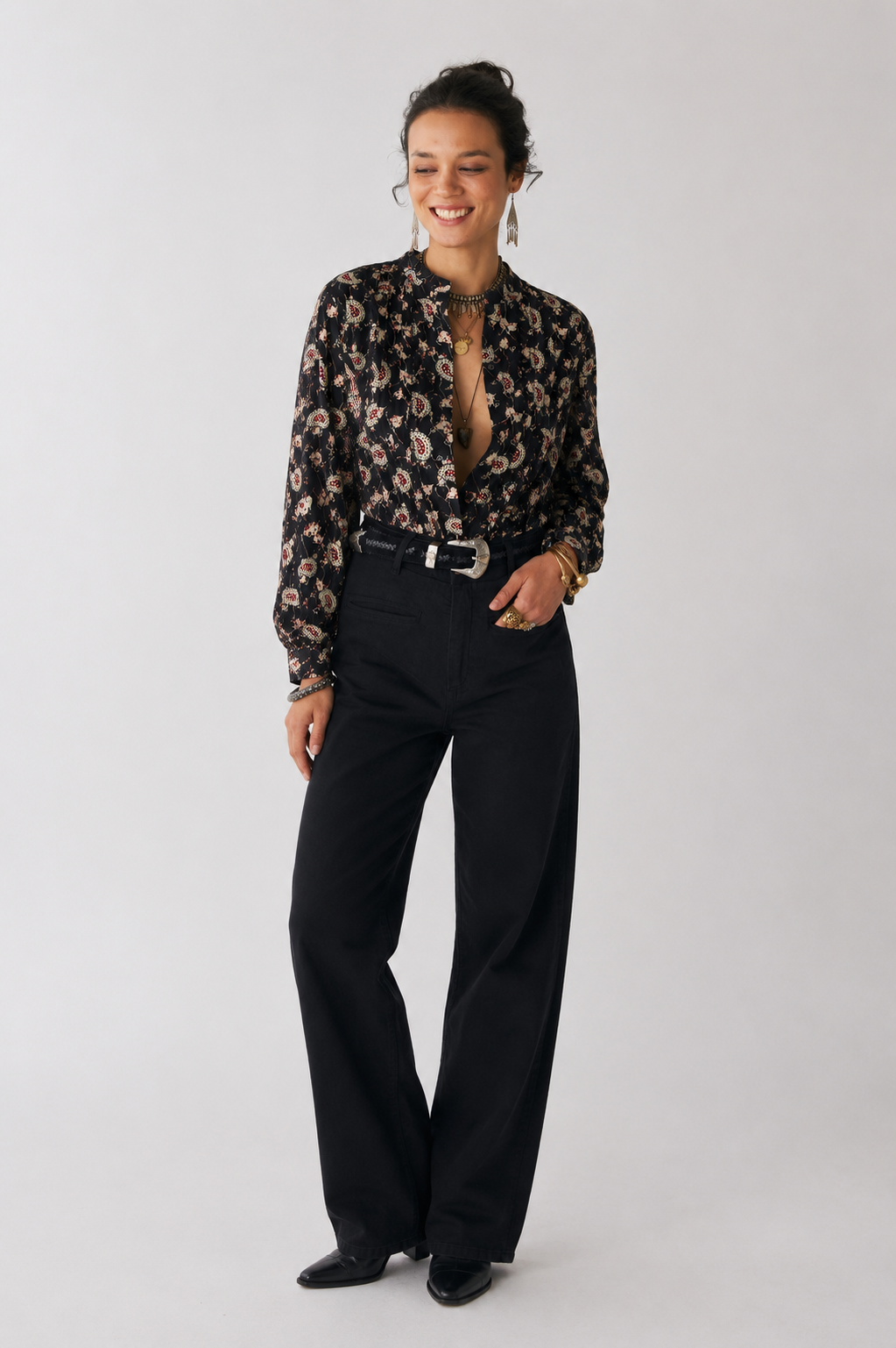 Women's Black Paisley Print Full Sleeve Boho Casual Blouse | Mandarin Collar V-Neck Western Top