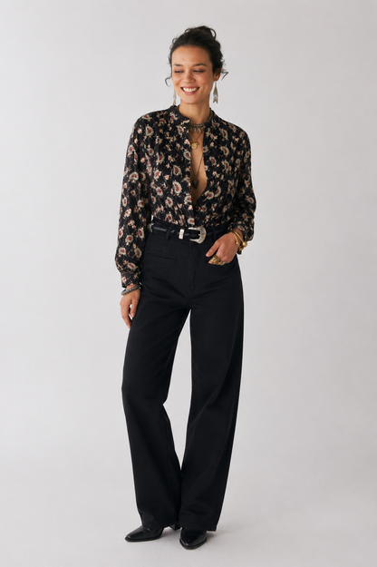 Women's Black Paisley Print Full Sleeve Boho Casual Blouse | Mandarin Collar V-Neck Western Top