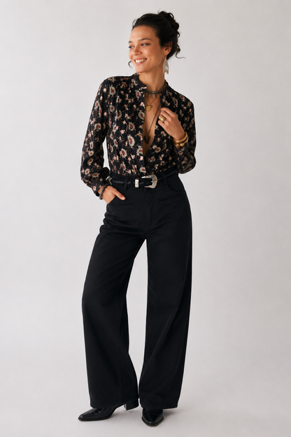 Women's Black Paisley Print Full Sleeve Boho Casual Blouse | Mandarin Collar V-Neck Western Top