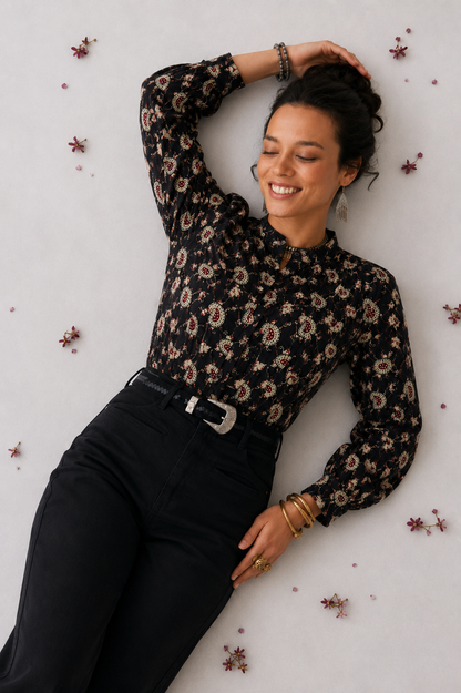 Women's Black Paisley Print Full Sleeve Boho Casual Blouse | Mandarin Collar V-Neck Western Top