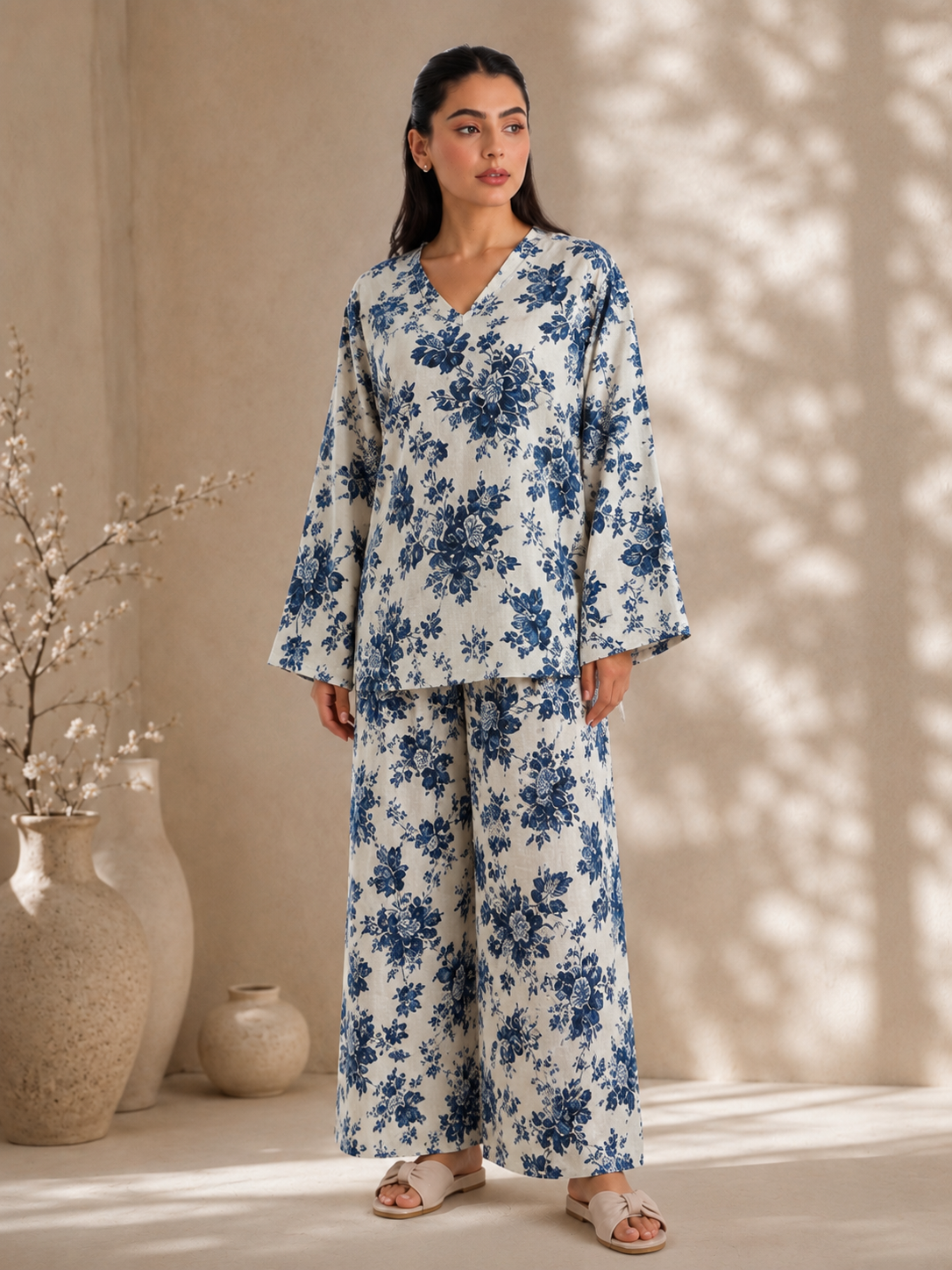 Women Blue Floral Printed Kurta Palazzo Co-Ord Set