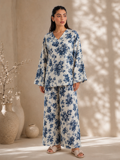 Women Blue Floral Printed Kurta Palazzo Co-Ord Set