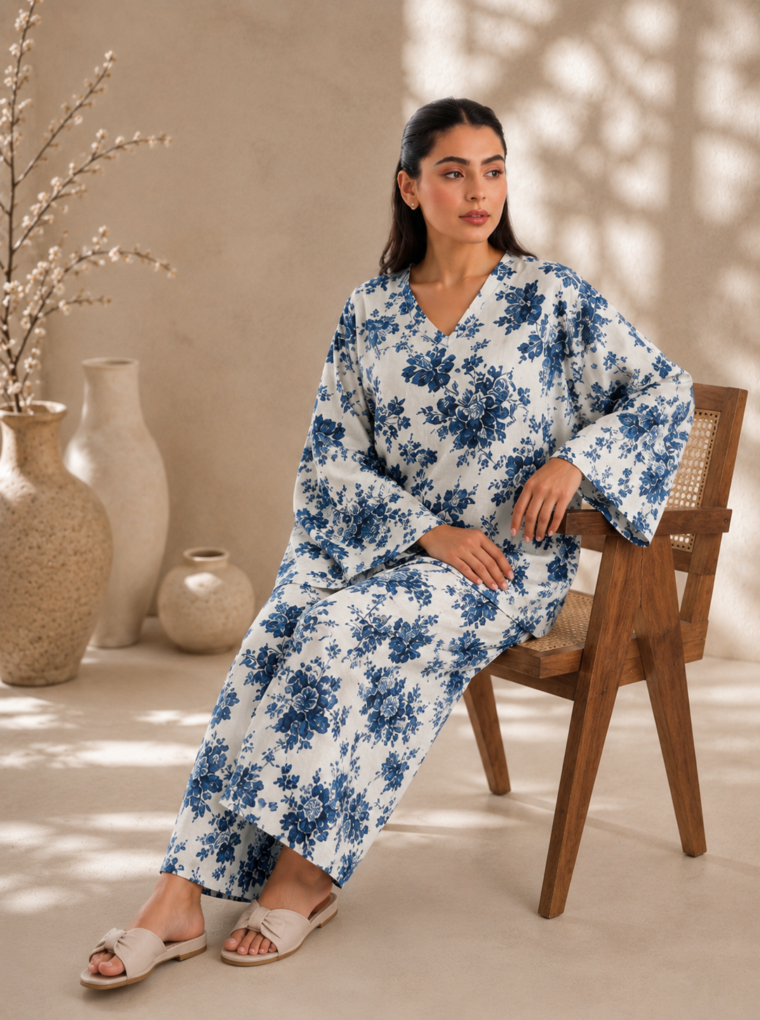 Women Blue Floral Printed Kurta Palazzo Co-Ord Set