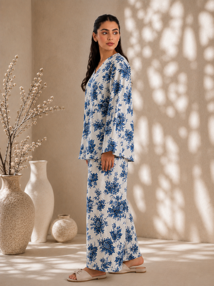Women Blue Floral Printed Kurta Palazzo Co-Ord Set
