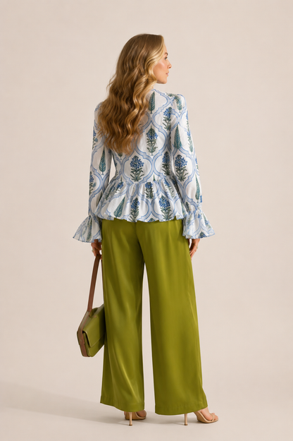 Women's Blue Floral Printed Cotton Peplum Top