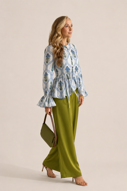 Women's Blue Floral Printed Cotton Peplum Top