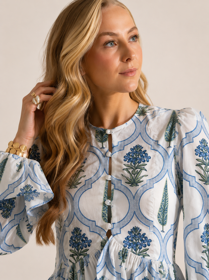 Women's Blue Floral Printed Cotton Peplum Top