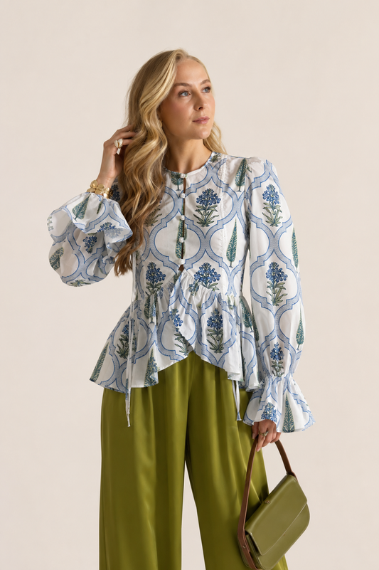 Women's Blue Floral Printed Cotton Peplum Top